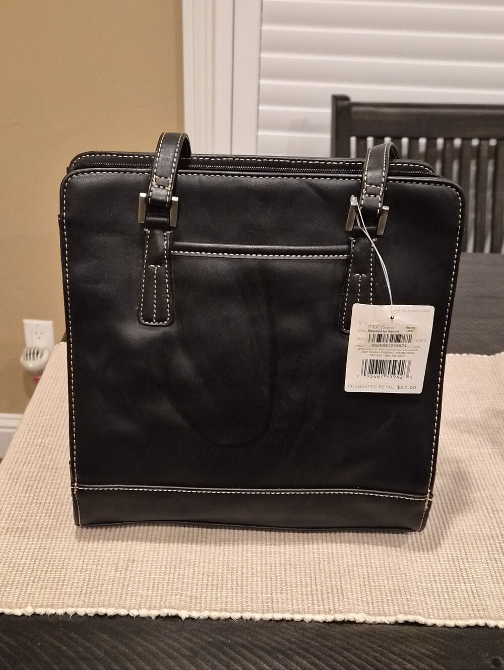 Liz Claiborne Black Faux Leather Brief Tote with White Stitching